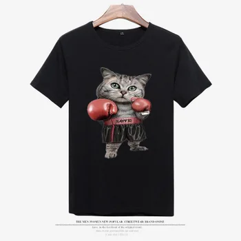 Boxeo de Impresión de Gato Casual de la Mujer T-camisa de Verano Suelta la Camiseta Cartton Chica Tops Negro la Dama Blanca de la Ropa