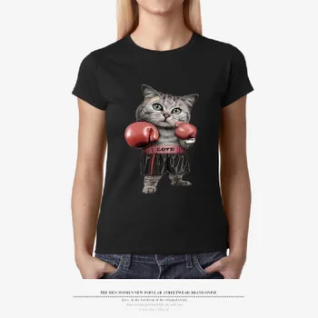 Boxeo de Impresión de Gato Casual de la Mujer T-camisa de Verano Suelta la Camiseta Cartton Chica Tops Negro la Dama Blanca de la Ropa