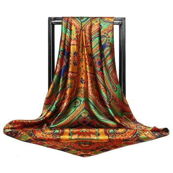 La moda de Seda de Satén Hiyab Bufanda Para las Mujeres de Impresión de Paisley Pañuelo en la Cabeza Bufandas Femenina de 90*90cm Plaza Chales Envuelve Bufandas Para Damas