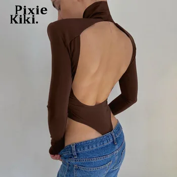 PixieKiki Sexy Espalda Abierta de Cuello Alto de Manga Larga Trajes con hombreras Marrón Negro Ropa para Mujeres 2020 Otoño P70-BG15