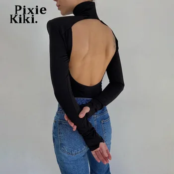 PixieKiki Sexy Espalda Abierta de Cuello Alto de Manga Larga Trajes con hombreras Marrón Negro Ropa para Mujeres 2020 Otoño P70-BG15
