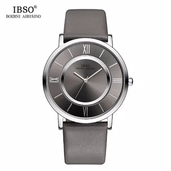 2019 Nueva IBSO Mens Relojes de Moda Ultra Delgada Gris Marcado Doble Impermeable de los Relojes de Cuarzo Correa de Cuero Genuino Relogio 8281G