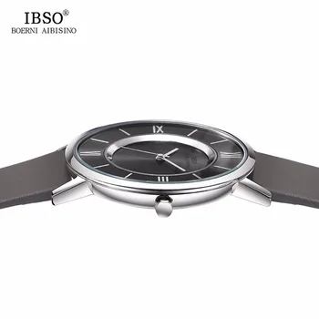 2019 Nueva IBSO Mens Relojes de Moda Ultra Delgada Gris Marcado Doble Impermeable de los Relojes de Cuarzo Correa de Cuero Genuino Relogio 8281G