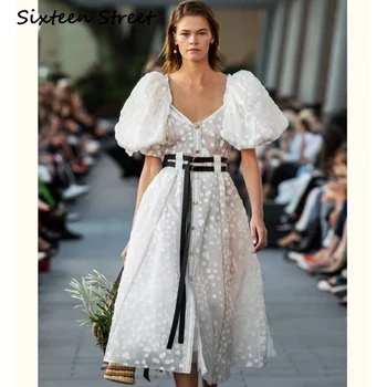 2020 Verano Nueva Malla Blanco Vestido de Mujer Vestido con Hojas V-cuello de un Solo pecho de Puff Manga de Diseño de la Pista Vestidos de Mujer de Fiesta