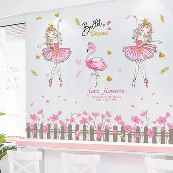 [shijuekongjian] Chica de dibujos animados Bailarín Pegatinas de Pared DIY Flor Rosa de vinilos para Habitaciones de los Niños Bebé Dormitorio Decoración de la Casa