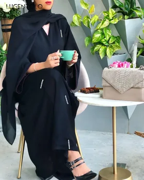 Lugentolo las Mujeres Vestido Largo de Verano de Manga Larga de la Moda Islámica Musulmana Elegante Cardigan de Dubai con Cuentas de V-cuello de la Señora Maxi Vestidos