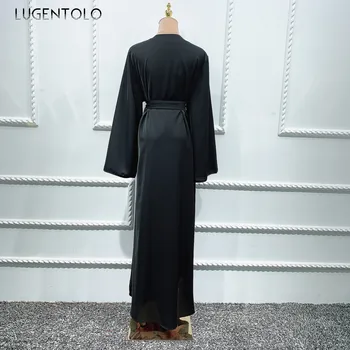 Lugentolo las Mujeres Vestido Largo de Verano de Manga Larga de la Moda Islámica Musulmana Elegante Cardigan de Dubai con Cuentas de V-cuello de la Señora Maxi Vestidos