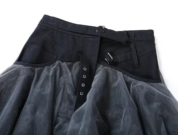 [EAM] vintage Elegante Denim Empalmado de Malla de color Gris Oscuro Cintura Alta de Medio cuerpo de la Falda de las Mujeres de Moda de la Marea de Primavera / Otoño 2021 1DD4449