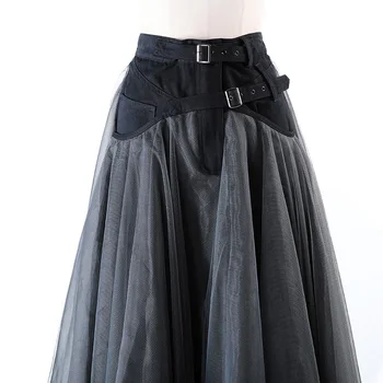 [EAM] vintage Elegante Denim Empalmado de Malla de color Gris Oscuro Cintura Alta de Medio cuerpo de la Falda de las Mujeres de Moda de la Marea de Primavera / Otoño 2021 1DD4449
