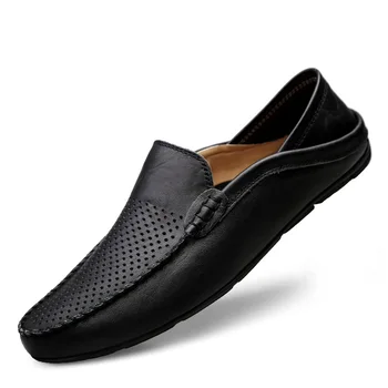 JKPUDUN italiano Hombres Zapatos Casual de la Marca de Lujo de Verano Mocasines para Hombre de Cuero Genuino Mocasines Transpirable Resbalón en los Zapatos del Barco Negro