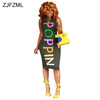 ZJFZML Streetwear Tanque Lápiz Vestidos Casuales de las Mujeres O de Cuello sin Mangas de Vendaje Vestido de Verano Colorido de Impresión de la Carta de Midi Vestidos
