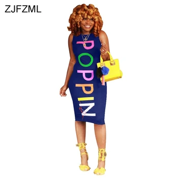 ZJFZML Streetwear Tanque Lápiz Vestidos Casuales de las Mujeres O de Cuello sin Mangas de Vendaje Vestido de Verano Colorido de Impresión de la Carta de Midi Vestidos