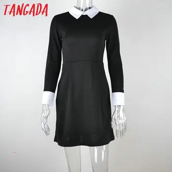 Tangada Escuela de invierno vestidos de las mujeres de la moda de la oficina de vestido negro con cuello blanco Casual Slim de la vendimia vestidos de la marca 2019