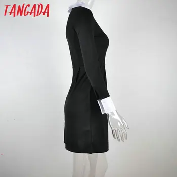 Tangada Escuela de invierno vestidos de las mujeres de la moda de la oficina de vestido negro con cuello blanco Casual Slim de la vendimia vestidos de la marca 2019