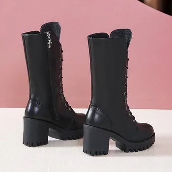 Invierno 2020 Nuevo Estilo Británico Martin Botas de Mujer de Tacón Grueso zapatos de Tacón Alto de Encaje Negro Hasta Botas de Cremallera Botas de Jinete