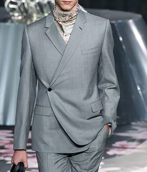 Popular de nuevo un botón diseño de traje gris de hombre guapo chaqueta personalizada pantalones novio de la boda slim fit esmoquin, Trajes de hombre de traje