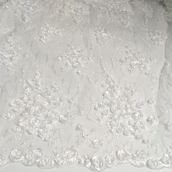 Blanco de Encaje francés de Tela de Flores 3D Bordado Africana de Encaje de Tul de Tela Con Lentejuelas de África de la Tela de Encaje De la Boda KCD953