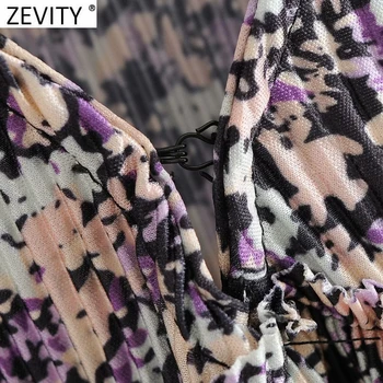 Zevity de las Nuevas Mujeres de la Vendimia de Cuello V de la Impresión Floral de Prensa Plisado Blusa Agaric de Encaje de Manga Larga Camisetas Chic Femme Blusas Tops LS7332