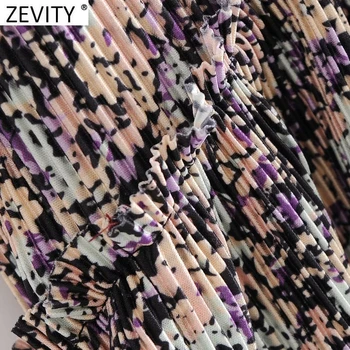 Zevity de las Nuevas Mujeres de la Vendimia de Cuello V de la Impresión Floral de Prensa Plisado Blusa Agaric de Encaje de Manga Larga Camisetas Chic Femme Blusas Tops LS7332