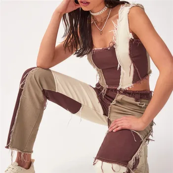 NCLAGEN Contraste de Color Arrancó de la Borla de Retazos de Jeans Conjunto del Dril de algodón Recortada la parte Superior del Tanque Y Pantalones de Chándal de Mujer de la Vendimia de Streetwear