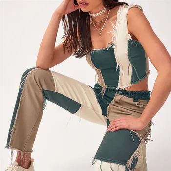 NCLAGEN Contraste de Color Arrancó de la Borla de Retazos de Jeans Conjunto del Dril de algodón Recortada la parte Superior del Tanque Y Pantalones de Chándal de Mujer de la Vendimia de Streetwear