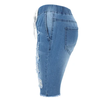 Verano De Mezclilla Rasgados Bermudas De Mujer Azul Cierre De Cordón Angustiado De La Rodilla Longitud De Tramo Corto De Jeans