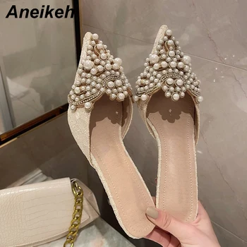 Aneikeh Primavera/Otoño de la Moda Sexy Zapatos de las Mujeres Elegantes de la Cadena de Bolas de Cristal de Mosaico Slip-On 35-42 Finos Tacones Zapatillas NEW 2021