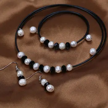 Real de agua dulce natural de la perla de la joyería de las mujeres collar y de la pulsera del encanto de terciopelo negro Pares de accessaries
