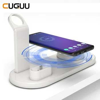 CUGUU 10W Qi Inalámbrico Cargador Rápido de Dock Station 4 en 1 Para Iphone Airpods Android USB Tipo C 3.0 Stand Para Apple Watch Cargador
