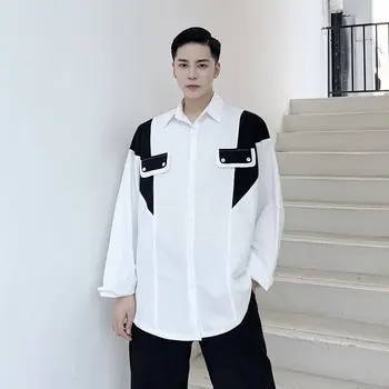 IEFB /ropa para hombre Personalizada contraste de blanco y negro a color clásico de la solapa suelta de manga larga de la camisa de nicho diseño tops 9Y3275