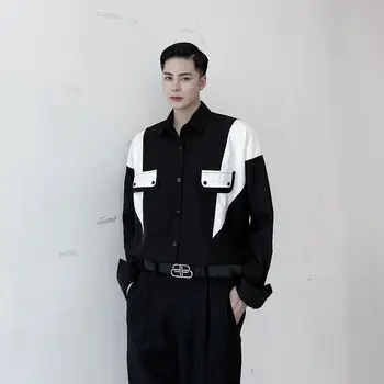 IEFB /ropa para hombre Personalizada contraste de blanco y negro a color clásico de la solapa suelta de manga larga de la camisa de nicho diseño tops 9Y3275
