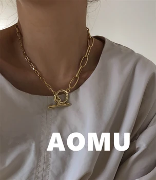 AOMU 2020 Nuevo coreano Vintage Círculo OT Hebilla de la Cadena Collar de Cadena de Metal Geométrica de la Asimetría de la Clavícula Cadena para las Mujeres Punk Regalo