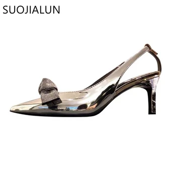 SUOJIALUN 2019 Nueva Marca de las Mujeres Sandalia de las Mujeres de diamantes de Imitación Bling Mariposa nudo de la Parte de la Bomba de Zapatos Elegantes Zapatos de Boda de Tacón Alto