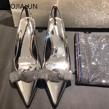 SUOJIALUN 2019 Nueva Marca de las Mujeres Sandalia de las Mujeres de diamantes de Imitación Bling Mariposa nudo de la Parte de la Bomba de Zapatos Elegantes Zapatos de Boda de Tacón Alto