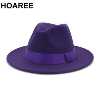 HOAREE Púrpura Fieltro de Lana de Jazz de Fedora Sombreros de las Mujeres de los Hombres de Ala Ancha de su Sombrero de Estilo Británico Trilby Formal Panamá Tapa Sólida Vestido de Sombrero