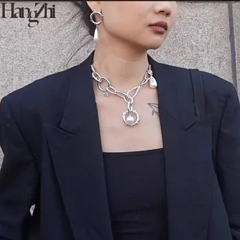 HUANZHI 2020 Nuevo Punk Rock de Moda retro Gargantilla de Imitación de la Perla Colgante de Espesor Hueco Collar de Cadena de las Mujeres de las Niñas del Partido de la Joyería