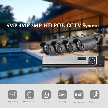 H. 265 4CH de 5MP POE Sistema de Seguridad CCTV NVR Kit de 5 megapíxeles 2592X1944 FULL HD Audio IR al aire libre PoE Cámara IP del P2P de Video Vigilancia Conjunto
