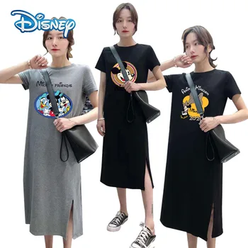 Disney Mickey Minnie Mouse Mujeres Vestido De Verano De Dibujos Animados De Manga Corta O-Cuello De Medio Largo Más El Tamaño De Vestidos De Mujer Casuales Vestidos