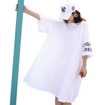 #1635 Verano De 2020 Vestido Blanco Camiseta Oversized De Algodón Suelta Más El Tamaño De La Camiseta De Vestir A La Mujer Mangas Cortas O Cuello Casual Harajuku
