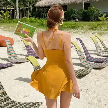 2020 las mujeres de una sola pieza traje de baño de sólido estilo coreano de moda de baño de empuje hacia arriba el traje de baño de natación de la falda de verano de las señoras de la ropa de playa sexy monokini