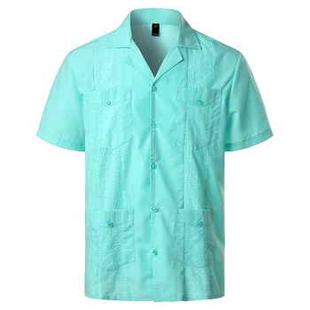 Camisas de hombre Revere Collar Cubano Campamento Camisa Guayabera de los Hombres de Color Sólido de Bordado Casual Botón de Abajo a la Playa Transpirable Camisetas XXL