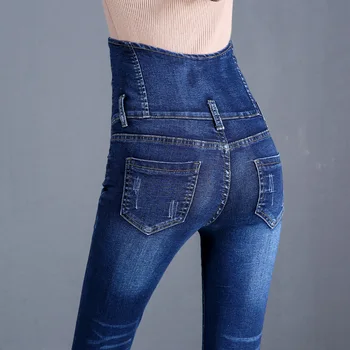 Cintura alta pantalones Vaqueros de las Mujeres de Europa y América del Estilo de 2019 Primavera de Mezclilla Lápiz Pantalones de un Solo pecho de Jean ropa Mujer Pantalones