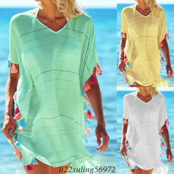 2019 Mujeres De La Playa De Túnica Corta Cover-Ups Sólido Vestidos De Cuello V Vestido Vintage Flojo Partido Del Bikini De La Cubierta