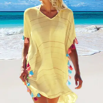2019 Mujeres De La Playa De Túnica Corta Cover-Ups Sólido Vestidos De Cuello V Vestido Vintage Flojo Partido Del Bikini De La Cubierta