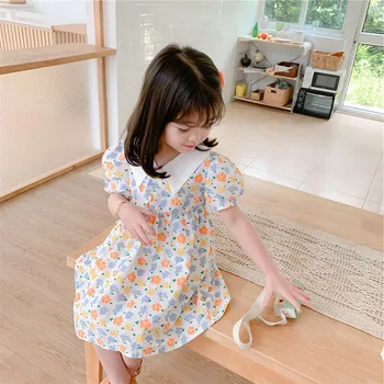2020 Verano coreano Nuevo Bebé Niñas de la Hoja de Impresión Vestido de Princesa de Turn-down Cuello de Manga Corta Vestido de los niños Ropa de Niños