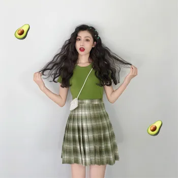 El verano de 2019 Nuevo coreano de Aguacate Verde de Mujer de manga Corta T-shirt + Cuadros de la Cremallera de la Falda de la Pieza 2 Conjuntos de Trajes de Mujer