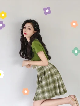 El verano de 2019 Nuevo coreano de Aguacate Verde de Mujer de manga Corta T-shirt + Cuadros de la Cremallera de la Falda de la Pieza 2 Conjuntos de Trajes de Mujer
