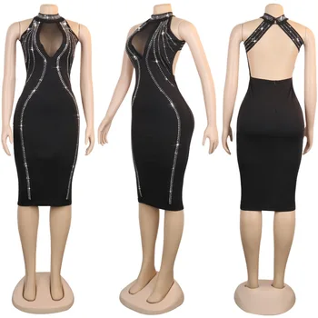 2020 Verano Nuevas Mujeres Calientes Caliente de Perforación Vestido Sin espalda Perspectiva de la Cremallera del Vestido Sexy Discoteca Club de Fiesta Vestido Negro