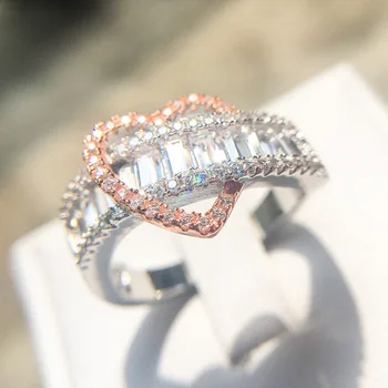 2020 nueva de lujo de oro rosa de color de plata del corazón anillo de compromiso para las mujeres de la señora aniversario de regalo de la joyería al por mayor moonso R5484