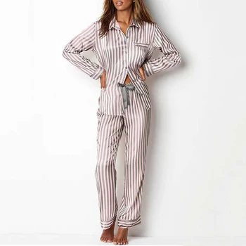 Pijamas de satén para Mujer Verano Otoño Larga Pijama ropa de dormir de Seda Rayada Damas Pjs Desgaste de la Noche Loungewear Casa Traje de Dropshipping